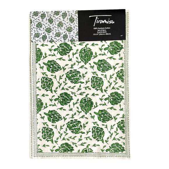 TIRAMISU 100% Cotton Placemats Green Dancing Artichoke 13X19 Set of 4 NEW - Picture 4 of 6